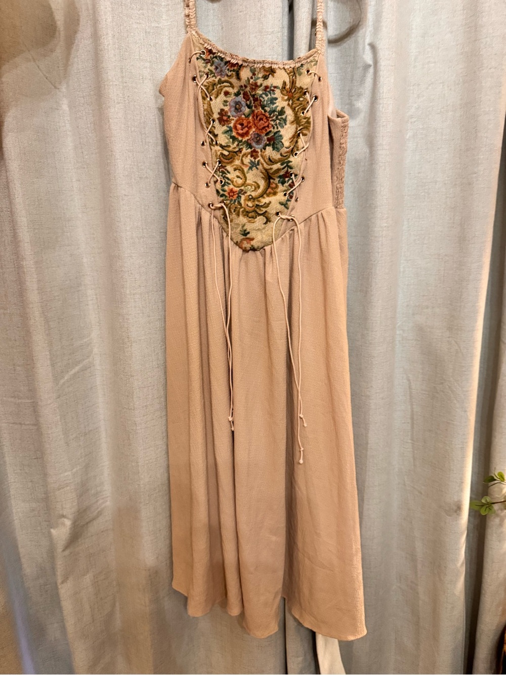 SHEIN Beige Maxi Dress with Floral Embroidered Lace-Up Bodice
